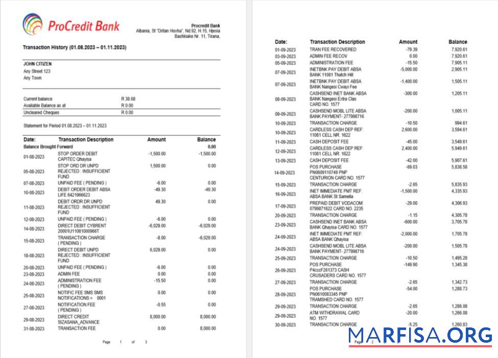 Printable Albania ProCreditBank bank statement 3 pages download for verification